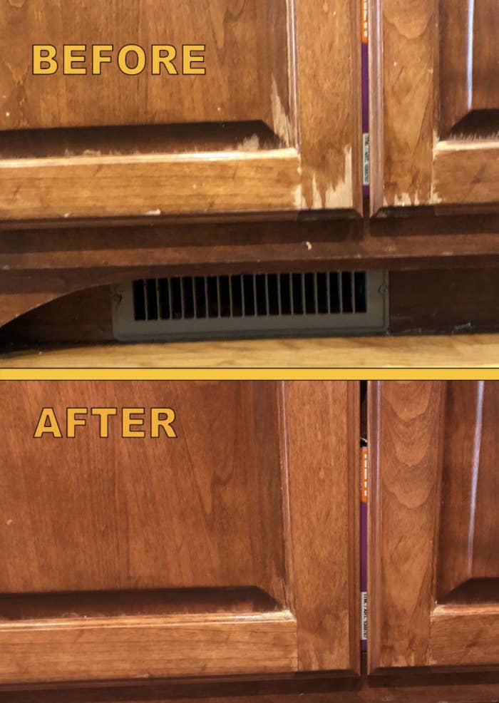 A reviewer&#x27;s scratched up cabinets before using the finisher / A reviewer&#x27;s smoother cabinets after using the finisher
