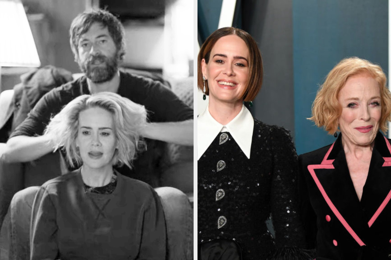 On the left, Paulson is in character getting a head massage from her fictional husband. On the right, she is standing with her partner at the vanity fair oscar party