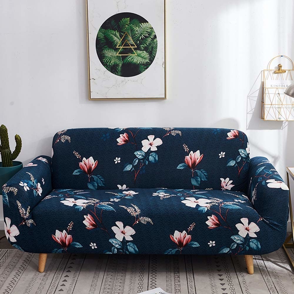 A blue floral sofa