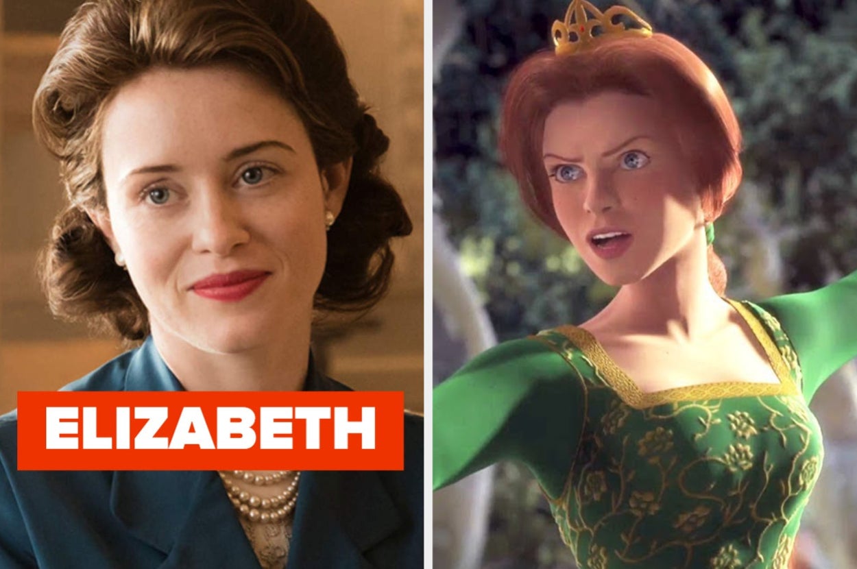 Still of Claire Foy in The Crown with the word Elizabeth on top and a still of Princess Fiona from Shrek