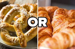 A pretzel is on the left with "or" written in the center and a croissant on the right