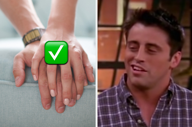 A couple is on the left holding hands and labeled with a check mark and Joey on the right looking flirty