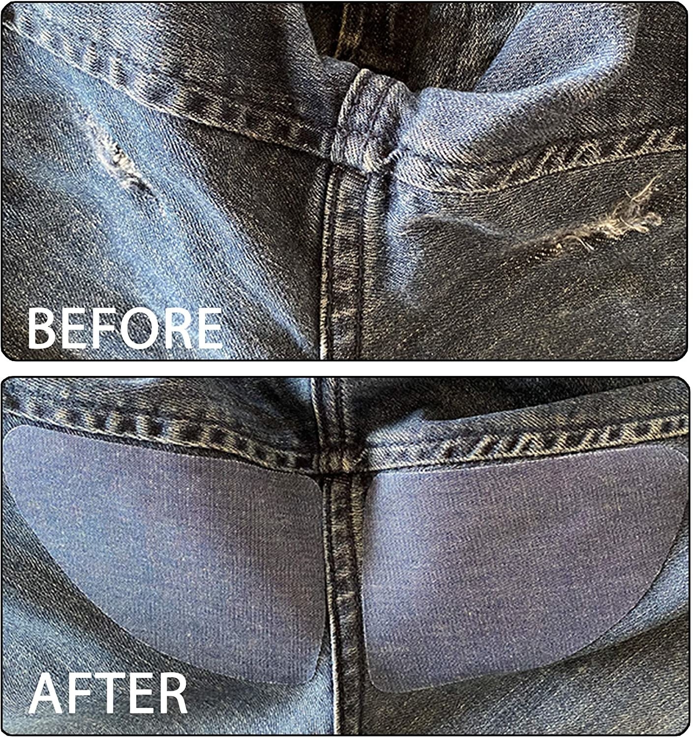 A before photo of jeans with holes by the crotch and an after photo with the patches on those holes