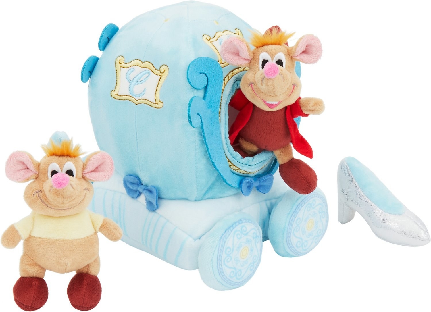 a hide and seek plush puzzle toy of cinderella&#x27;s carriage, gus gus, jaques, and a glass slipper