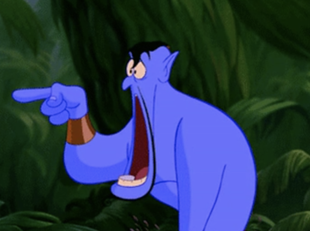 Genie from &quot;Aladdin&quot; with his mouth dropped wide open, in shock