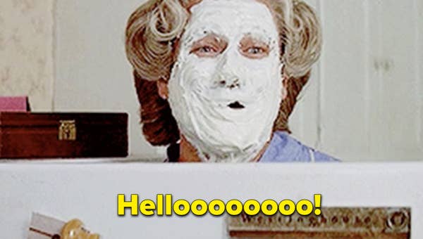Robin Williams in &quot;Mrs. Doubtfire&quot; saying: &quot;Helloooooooo!&quot; with whipped cream on his face