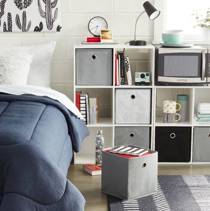 An image of a fabric cube storage bin