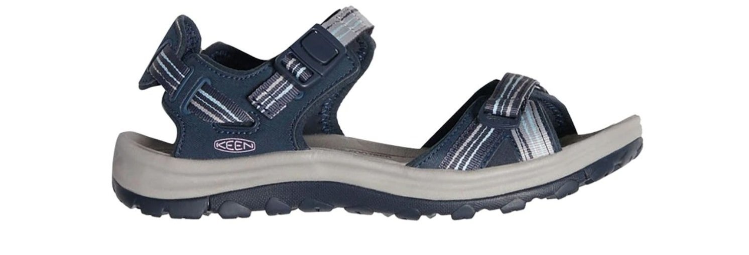 the Keen open toe sandal in navy/ light blue