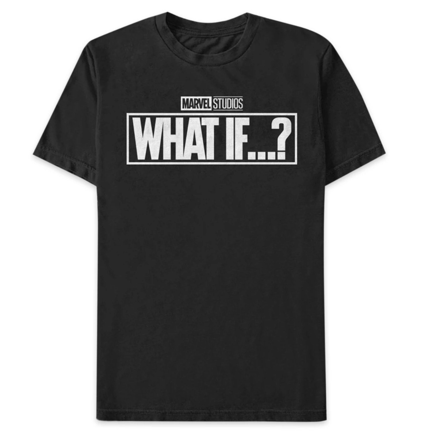 the black t-shirt with a white &quot;what if...?&quot; logo