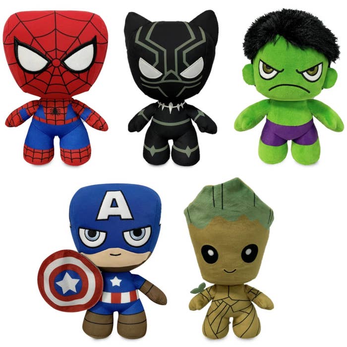 the toy pack with spider-man, black panther, hulk, captain america, and groot.