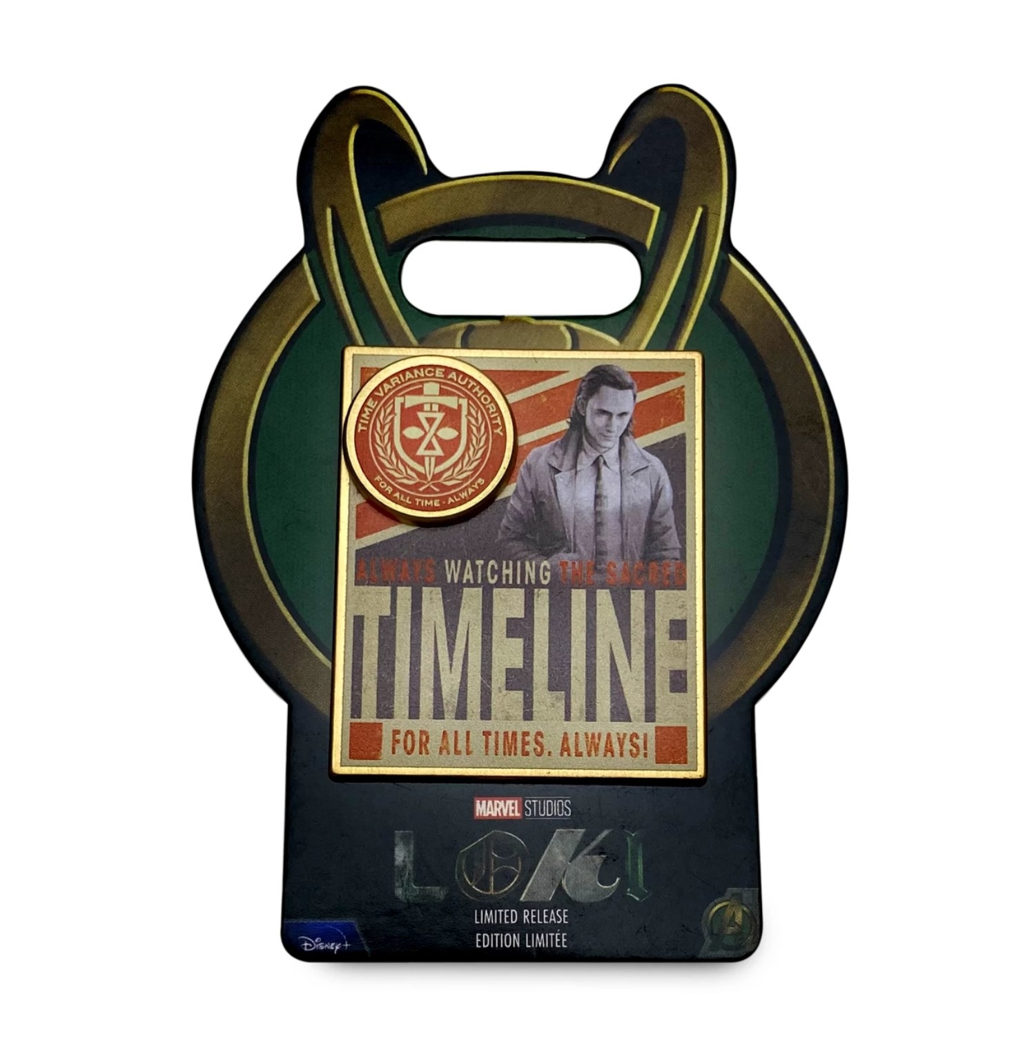 the green pin with loki and the timeline logo