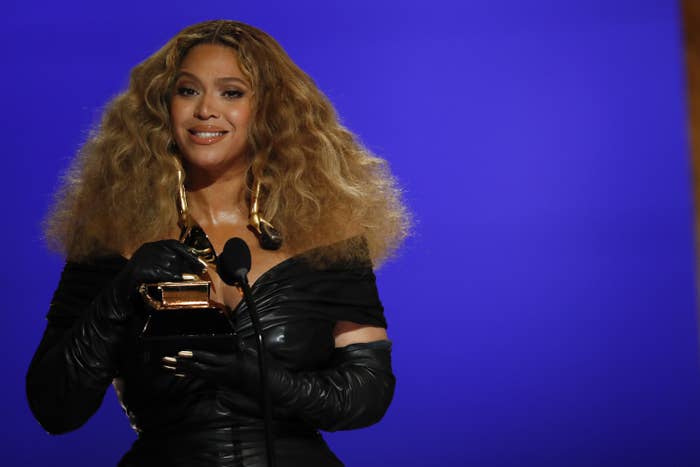 Beyoncé giving her acceptance speech at the 2021 Grammys