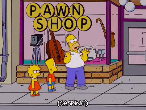Homer, Bart, and Lisa Simpson outside of a pawn shop in &quot;The Simpsons&quot;