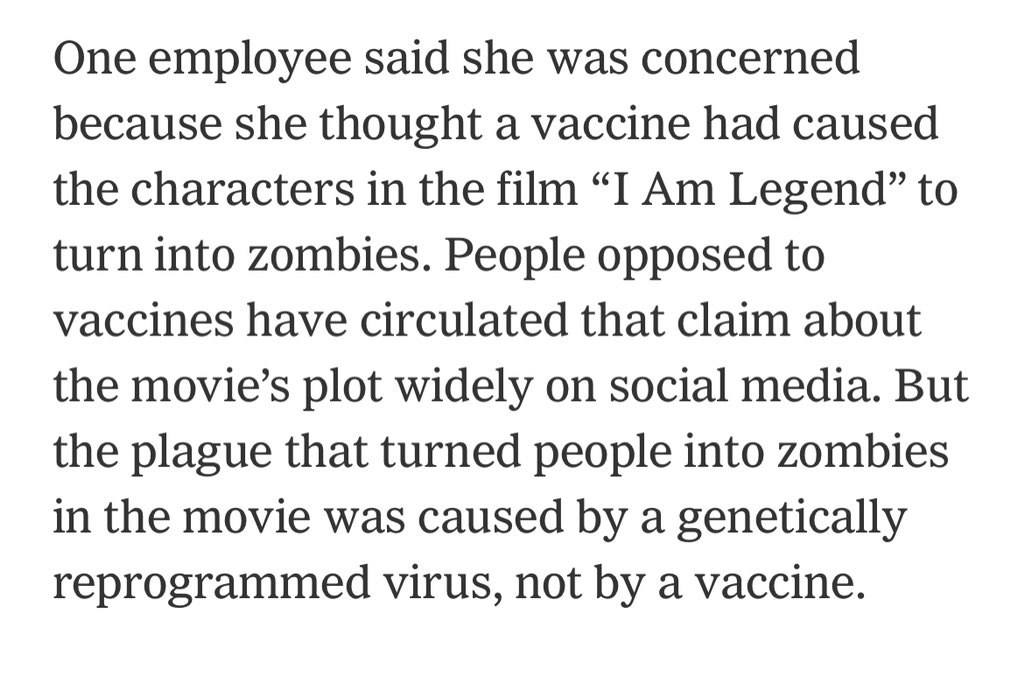 “一名员工说,她很担心,因为她认为疫苗引起了电影我是传奇中的人物变成僵尸。人们反对疫苗流传这种说法关于这部电影的情节广泛社会media"
