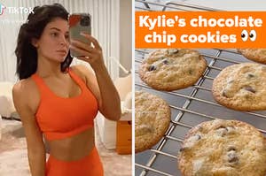 kylie jenner wearing a sports bra next to a separate picture of chocolate chip cookies