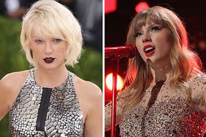 bleach blonde taylor on the left and red era taylor on the right