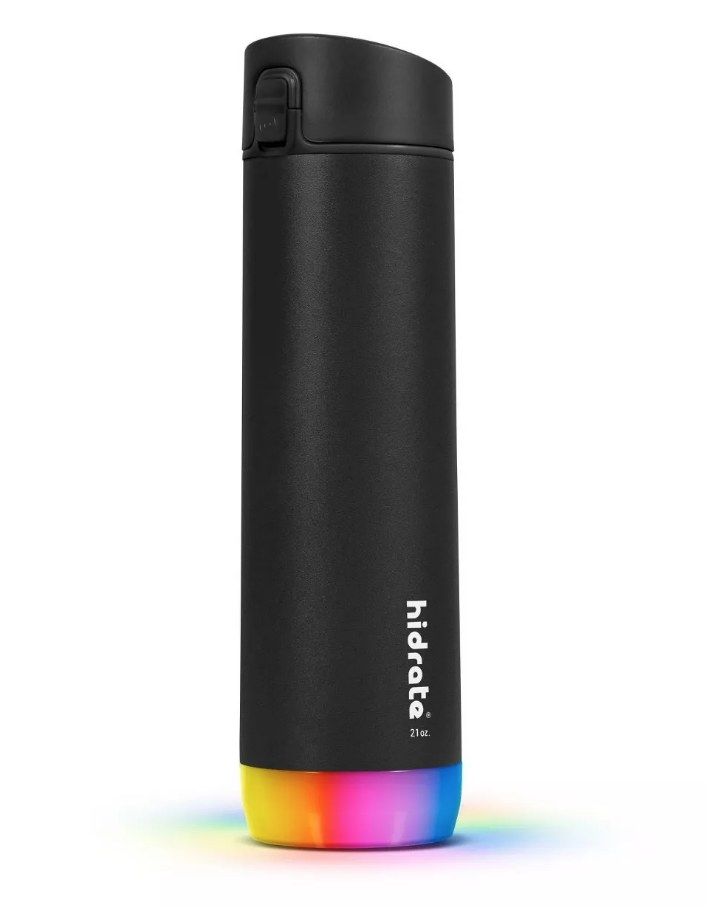 A black water bottle with an LED base that lights up via Bluetooth to remind you when to drink