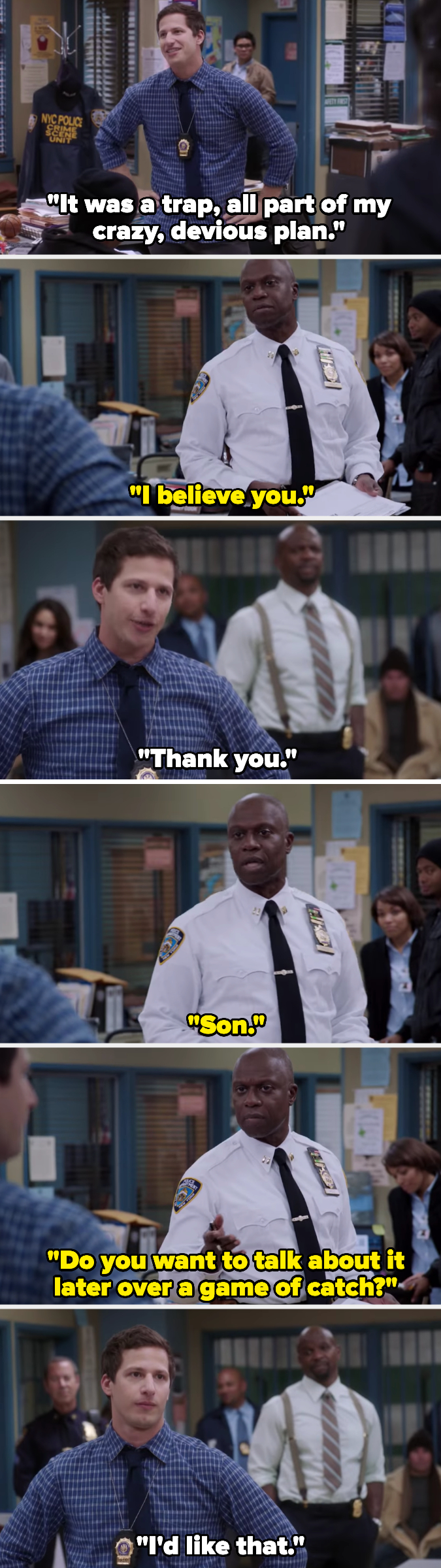 Holt asks Jake if he wants to have a talk about the incident over a game of catch later