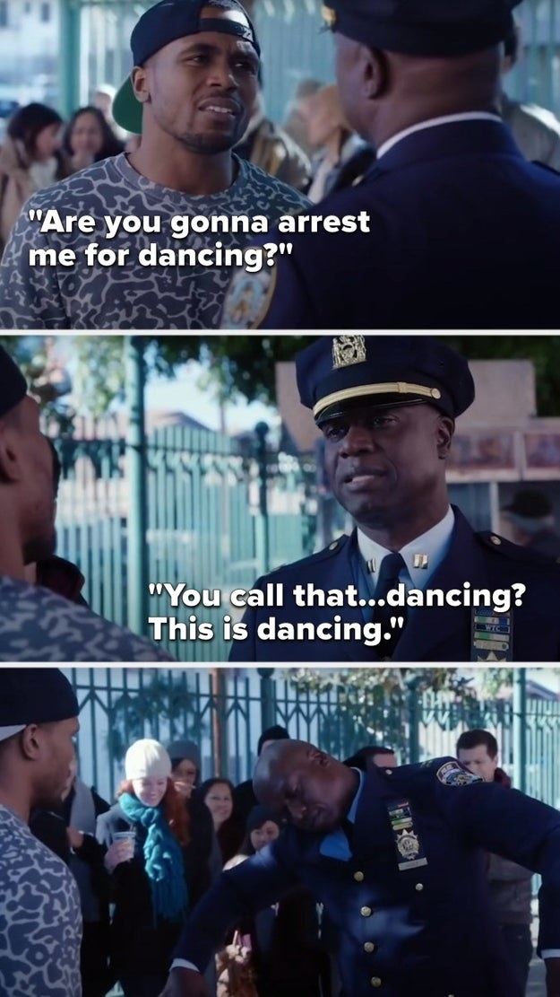 A street dancer asks if Holt&#x27;s going to arrest him for dancing, to which Holt replies &quot;you call that dancing?&quot; and starts dancing himself