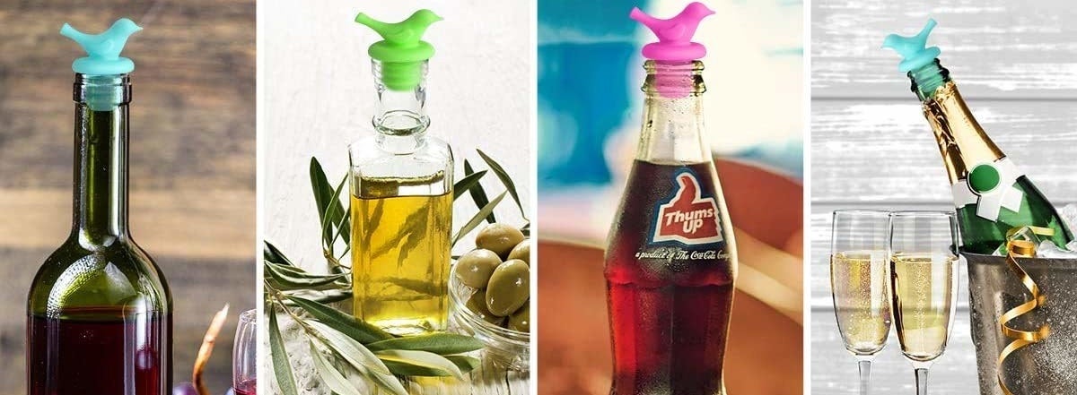 A collage of different bottles of drinks sealed using vacuum stoppers