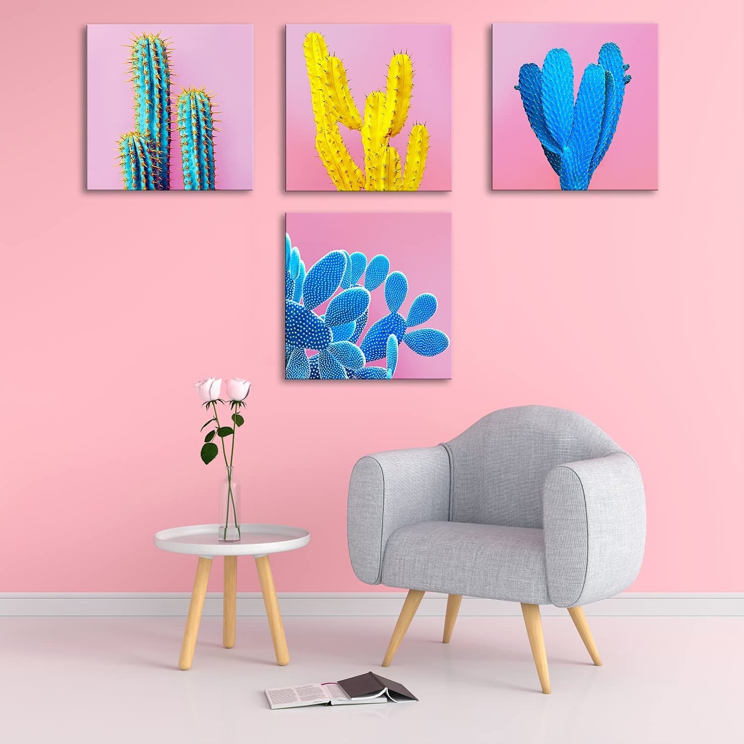 cuatro cuadros con fondo rosa e imágenes de cactus