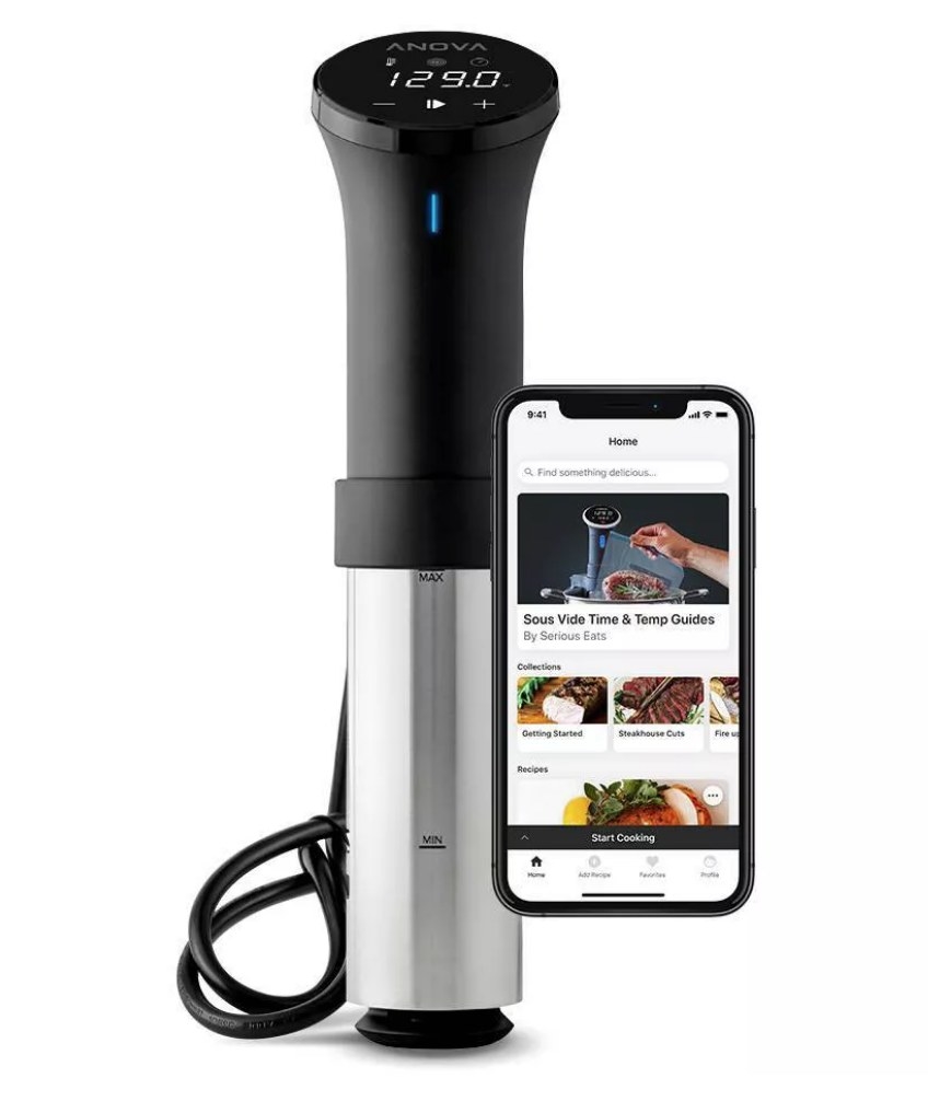 A wifi-controlled, Sous Vide Precision Cooker next to an iPhone displaying the Sous Vide app