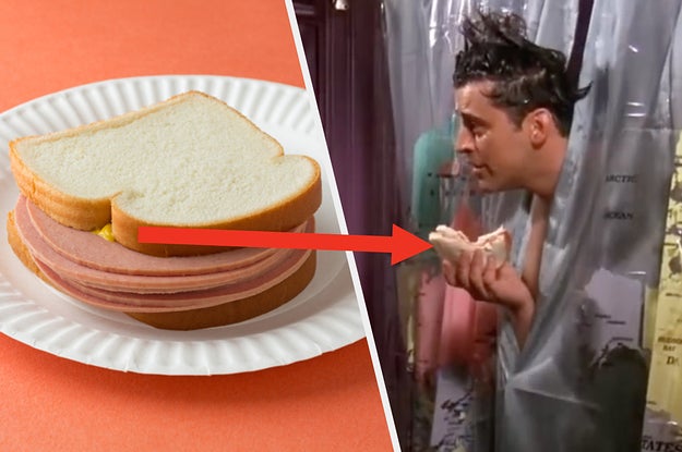 A bologna sandwich on a paper plate and Joey sticks his head out of the shower while holding a sandwich