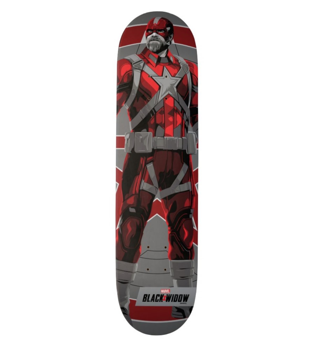the skateboard with a picture of red guardian on it