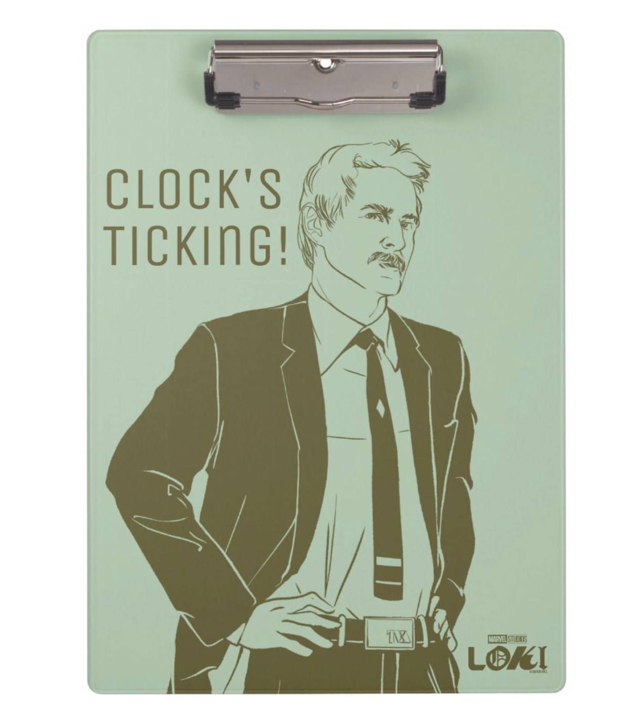 the green clipboard with a picture of mobius that says &quot;clock&#x27;s ticking&quot;