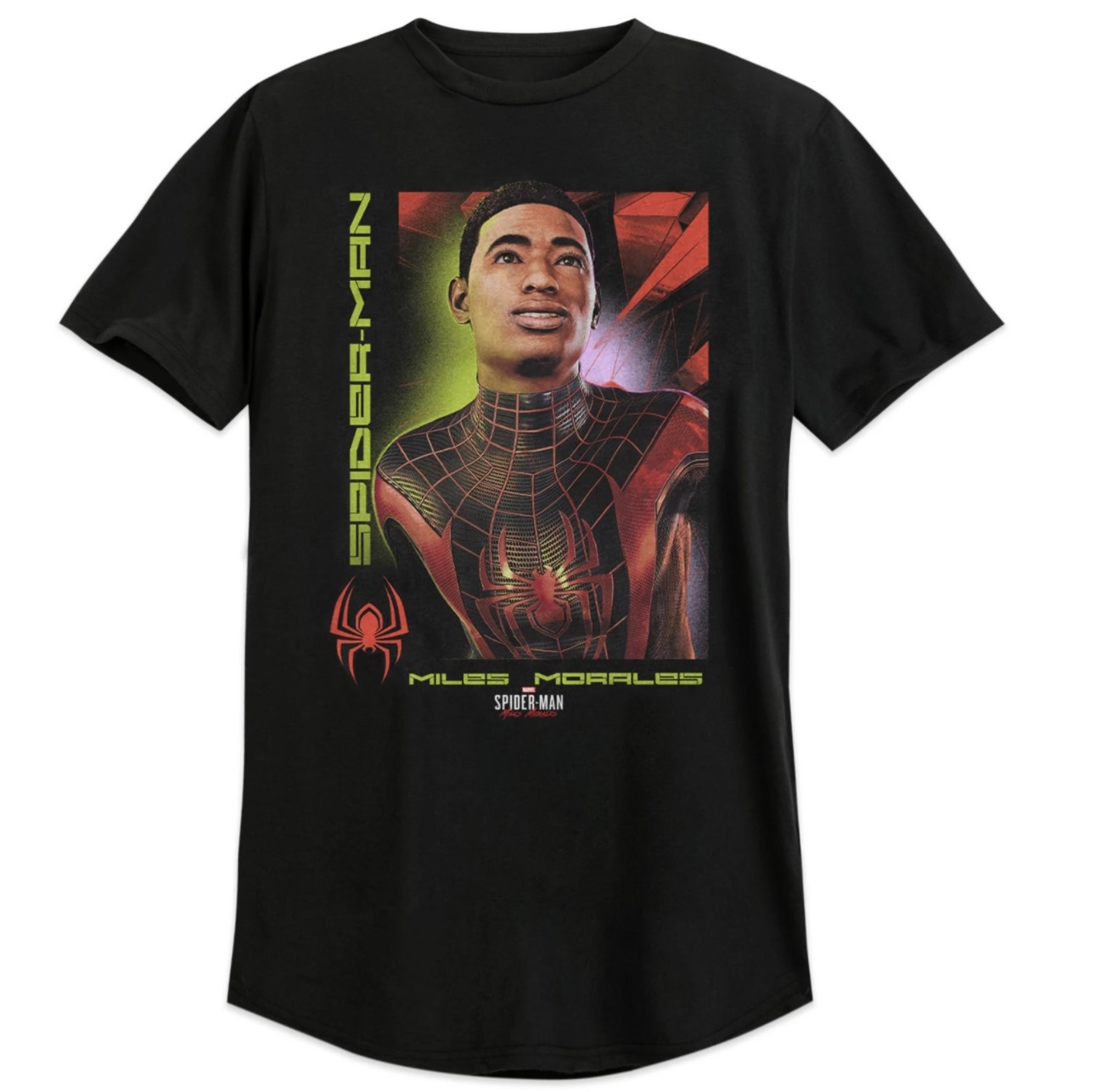 the black shirt with miles morales in spider-man costume