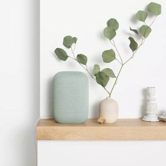 A sage Google Nest Smart Speaker on a shelf next to a plant