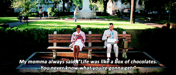 Forrest Gump eating chocolates on a park bench telling a stranger next to him, “My mama always said life was like a box of chocolates; you never know what you&#x27;re gonna get&quot;