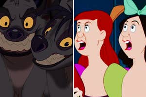 A pack of hyenas are on the left with the evil step sisters on the right