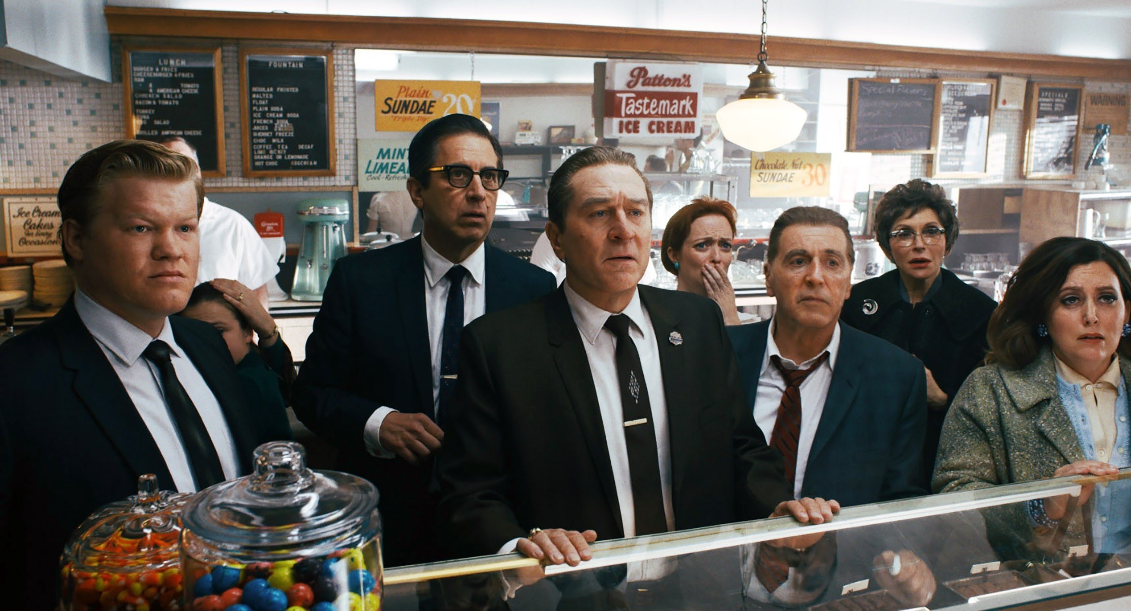 Jesse Plemons, Ray Romano, Robert De Niro, and Al Pacino look concerned.