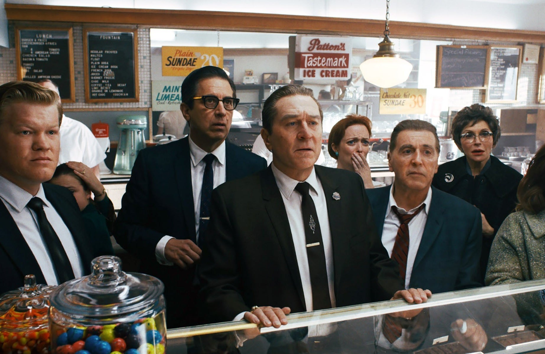 Jesse Plemons, Ray Romano, Robert De Niro, and Al Pacino look concerned