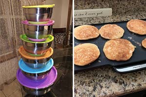 a stack of storage containers and pancakes on a griddle