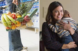 On the left, someone holding a grocery basket full of fresh produce, and on the right, Mandy Moore holding a baby and smiling as Rebecca on "This Is Us"