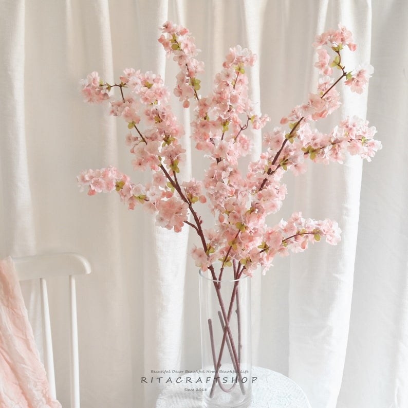 a clear vase with pink cherry blossom branches inside it
