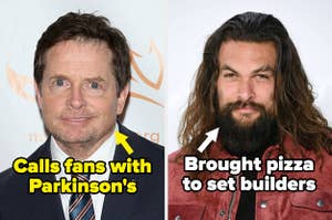 Michael J Fox labeled "Calls fans with Parkinson's" and Jason Momoa labeled "brought pizza to set builders"