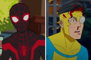 spider man and an animated man with one eye covered, blood on forehead