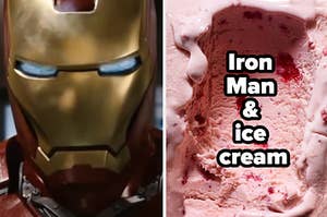 Iron Man is on the left with strawberry ice cream on the right labeled, "Iron Man and ice cream"