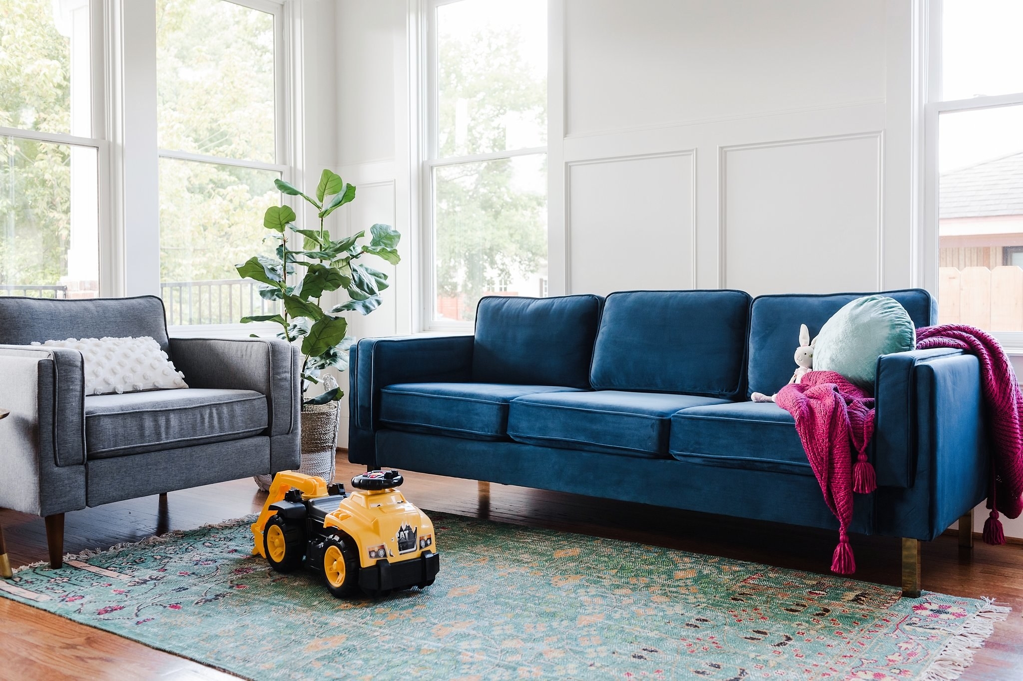 a velvet blue couch