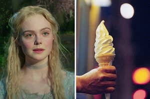 Aurora is on the left looking at a vanilla ice cream cone on the right