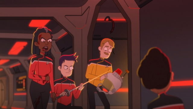 3 animated star trek characters on a ship