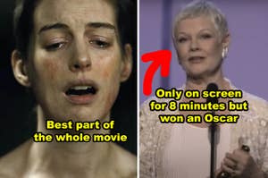 Side-by-side of Anne Hathaway in "Les Mis" and Judi Dench accepting her Oscar