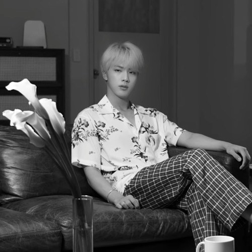 Jin sitting on his sofa.
