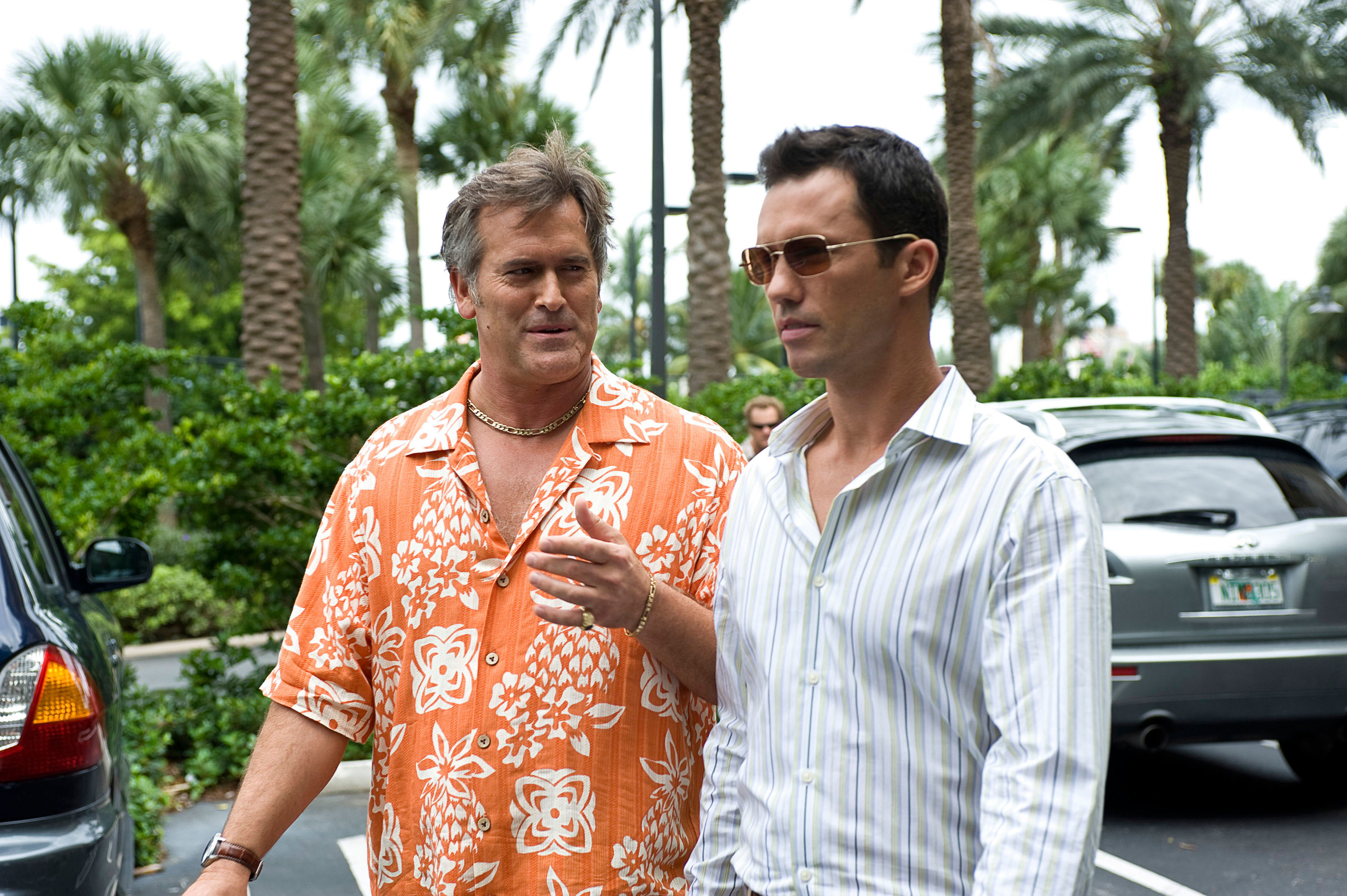 Bruce Campbell and Jeffrey Donovan on the set of Burn Notice in Miami