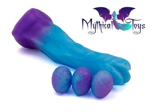 Blue and purple ovipositor with three blue and purple dragon eggs