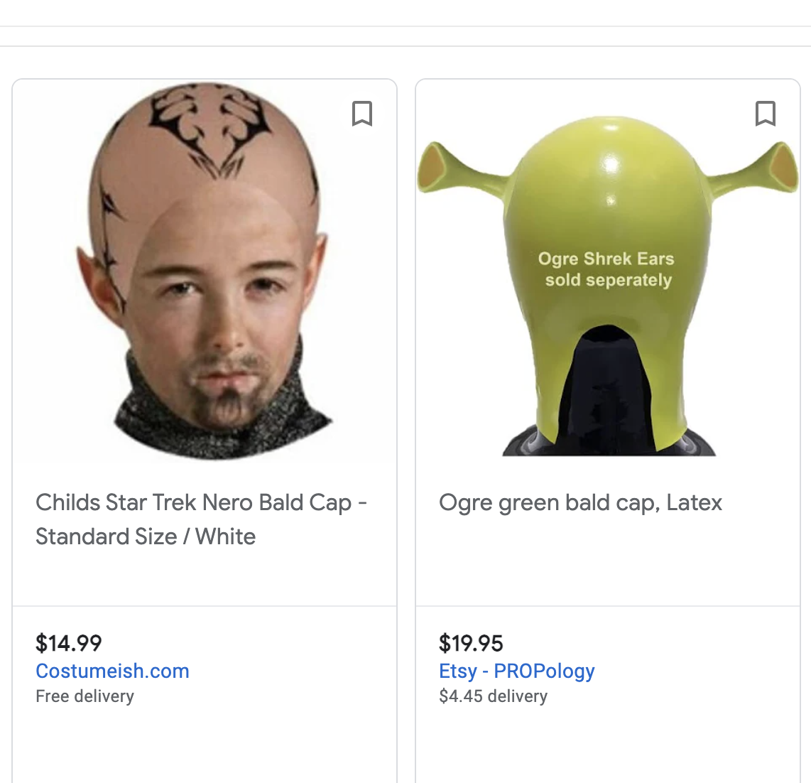 On the left, there&#x27;s a bald cap to look like Nero from Star Trek, and on the right is a Shrek ogre bald cap