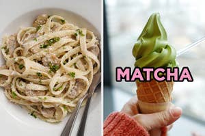 On the left, some fettuccine Alfredo, and on the right, someone holding a soft serve matcha cone